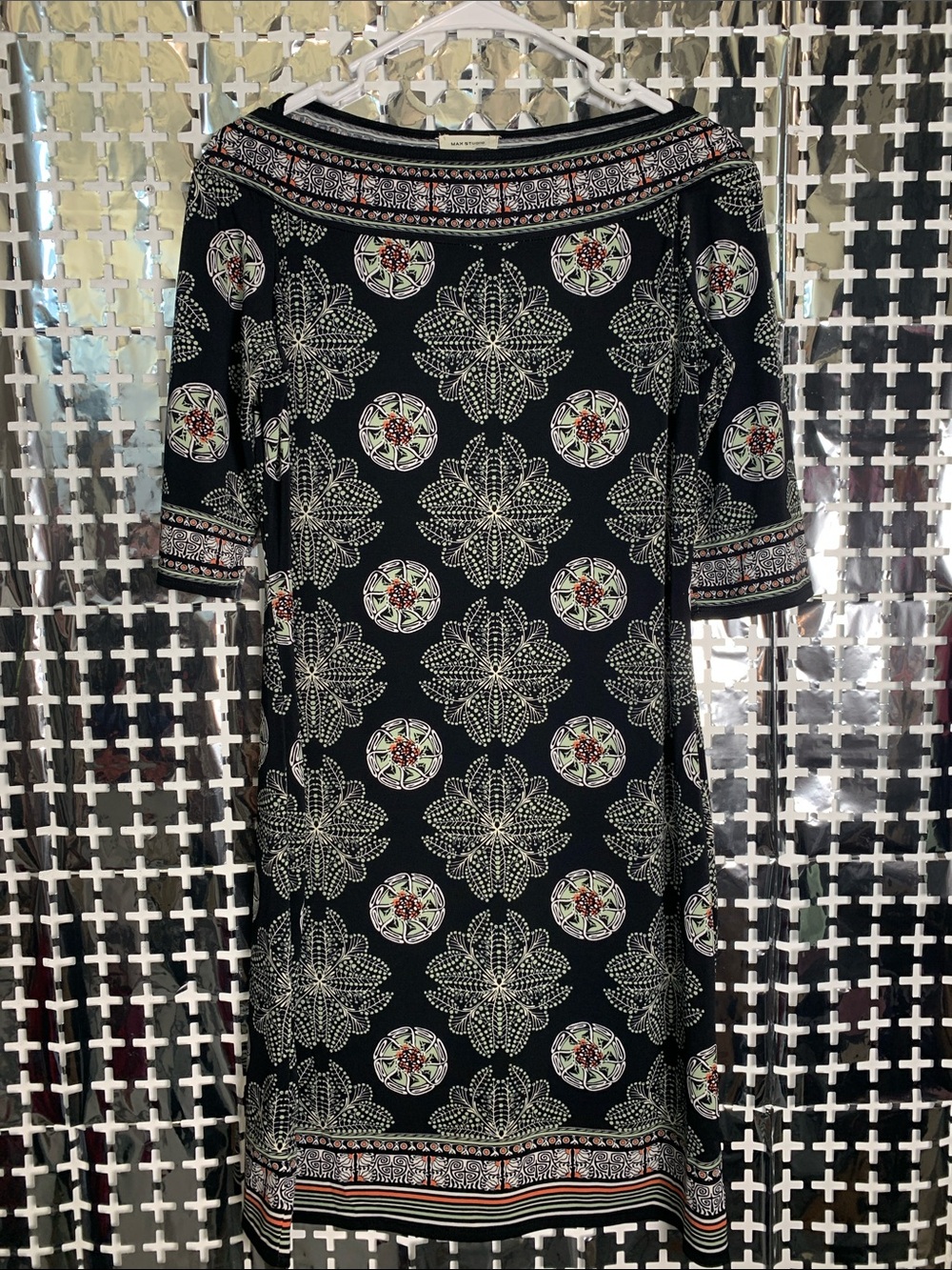 Max Studio Black Floral Medallion Midi Dress with Border Trim
